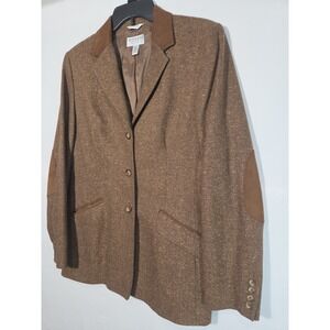 Talbots Collection Italy Wool Silk Herringbone Blazer 10 Brown Suede Elbow Patch